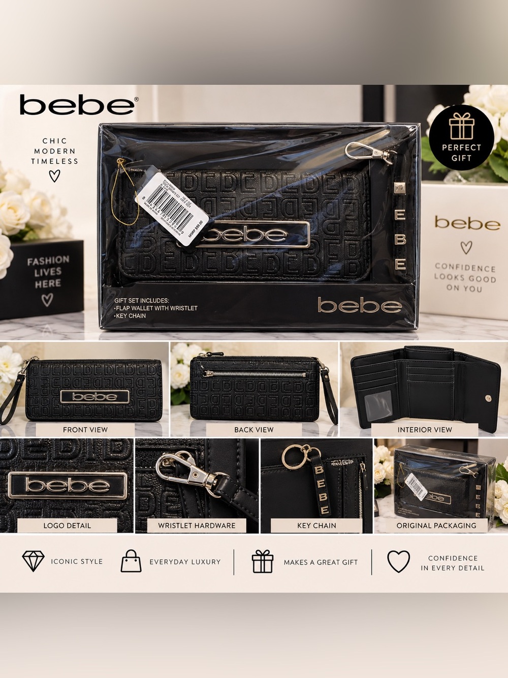 Bebe Black and Gold Embossed Wristlet and Key Chain